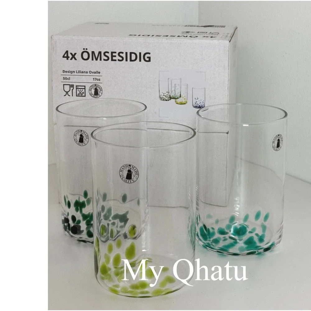 IKEA OMSESIDIG 4pk Glass Set Handmade 17oz Colorful Dots New discontinued